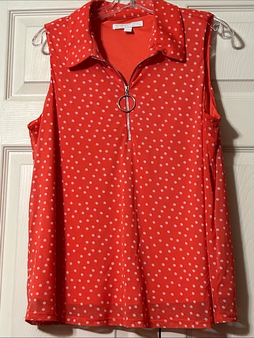 Juniper + Lime PL - Sleeveless Polka Dot Zip-Front Top - Coral